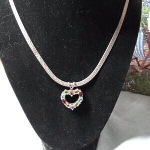 Vintage Italy 925 Multi Color Rhinestone Heart Necklace